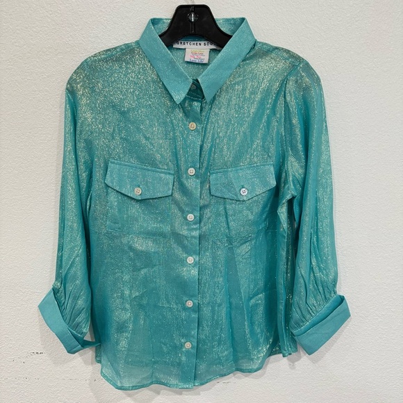 Gretchen Scott Long Sleeve Button Up Metallic Florescent Blue Shirt Size Small - Picture 1 of 5